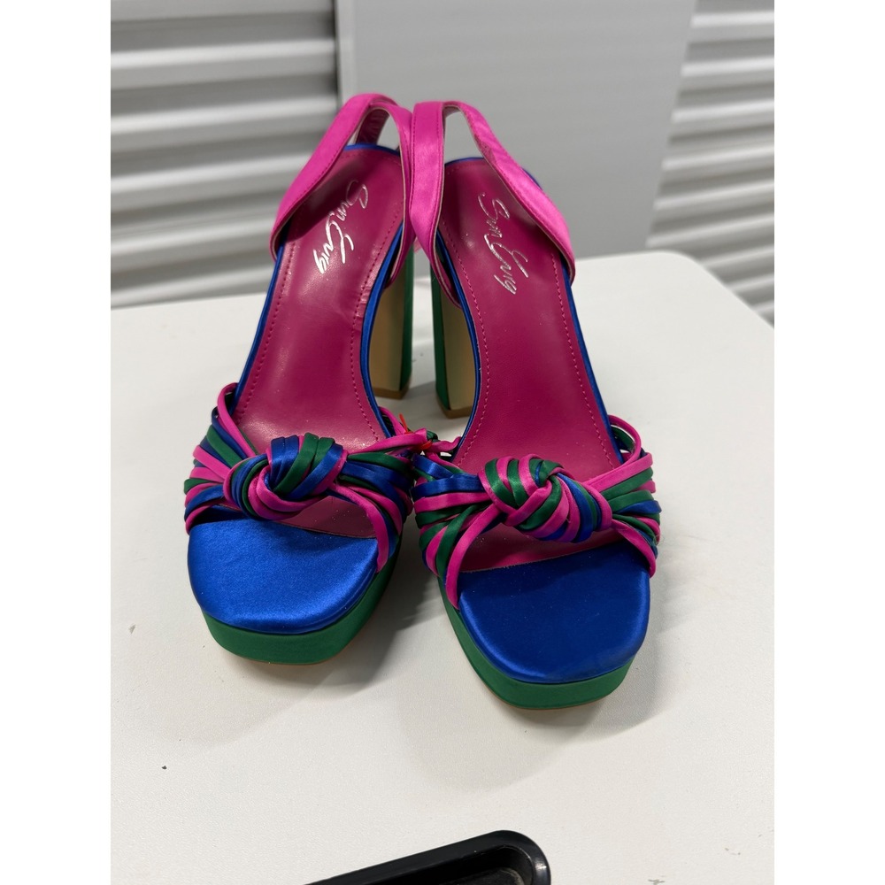 Shoe Envy Multi-Color Satin Platform Block Heels Pink Blue Green Size 6.5